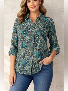NWT!Studio Works Teal & Lime Paisley Pocket Rolled Sleeve Blouse Size 2X